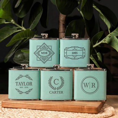 Set of 5 Groomsmen Leather Wrapped Stainless Flasks - Reserve Collection