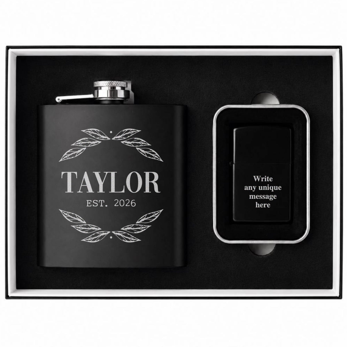Engraved Black Flask & Lighter Gift Set