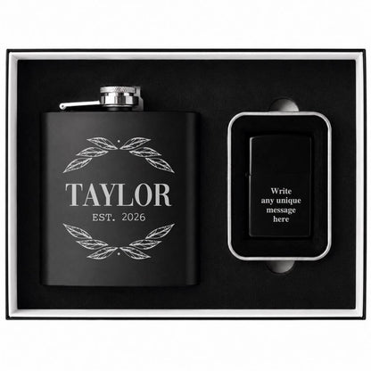 Engraved Black Flask & Lighter Gift Set