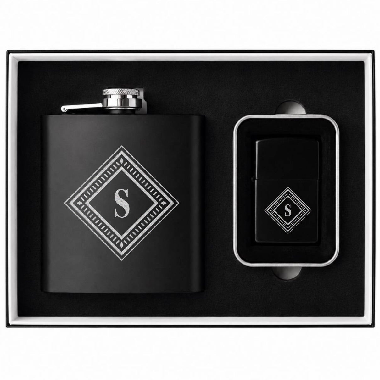 Engraved Black Flask & Lighter Gift Set