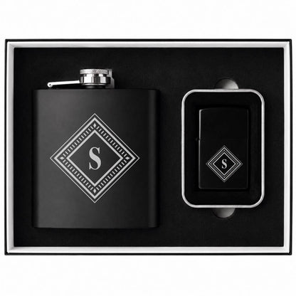 Engraved Black Flask & Lighter Gift Set