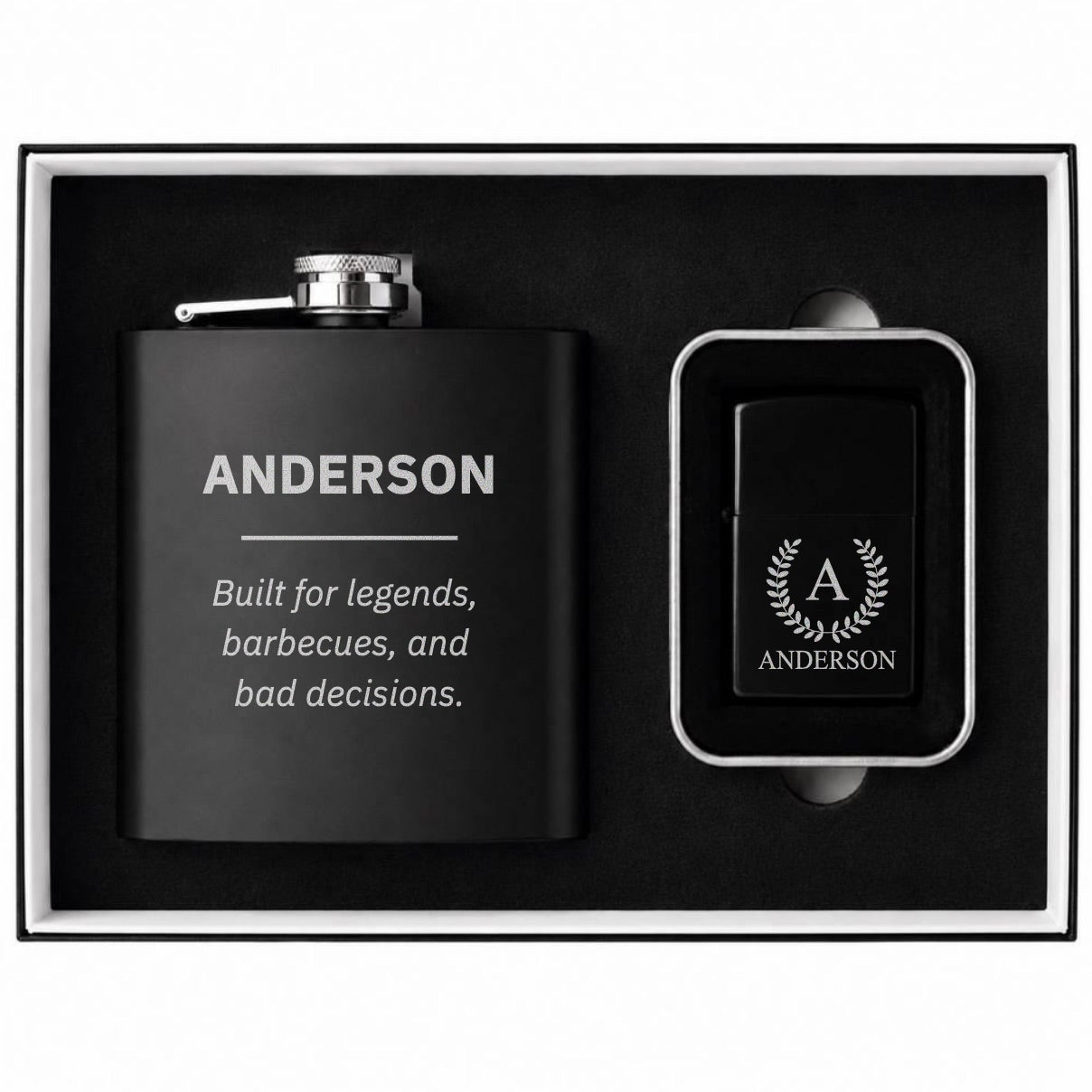 Engraved Black Flask & Lighter Gift Set