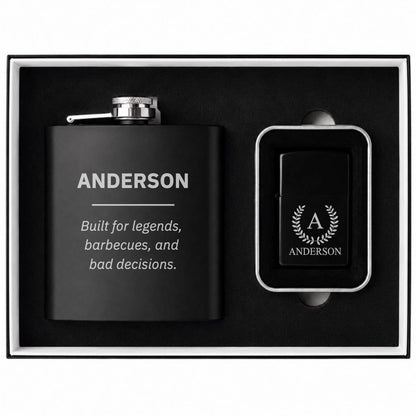 Engraved Black Flask & Lighter Gift Set
