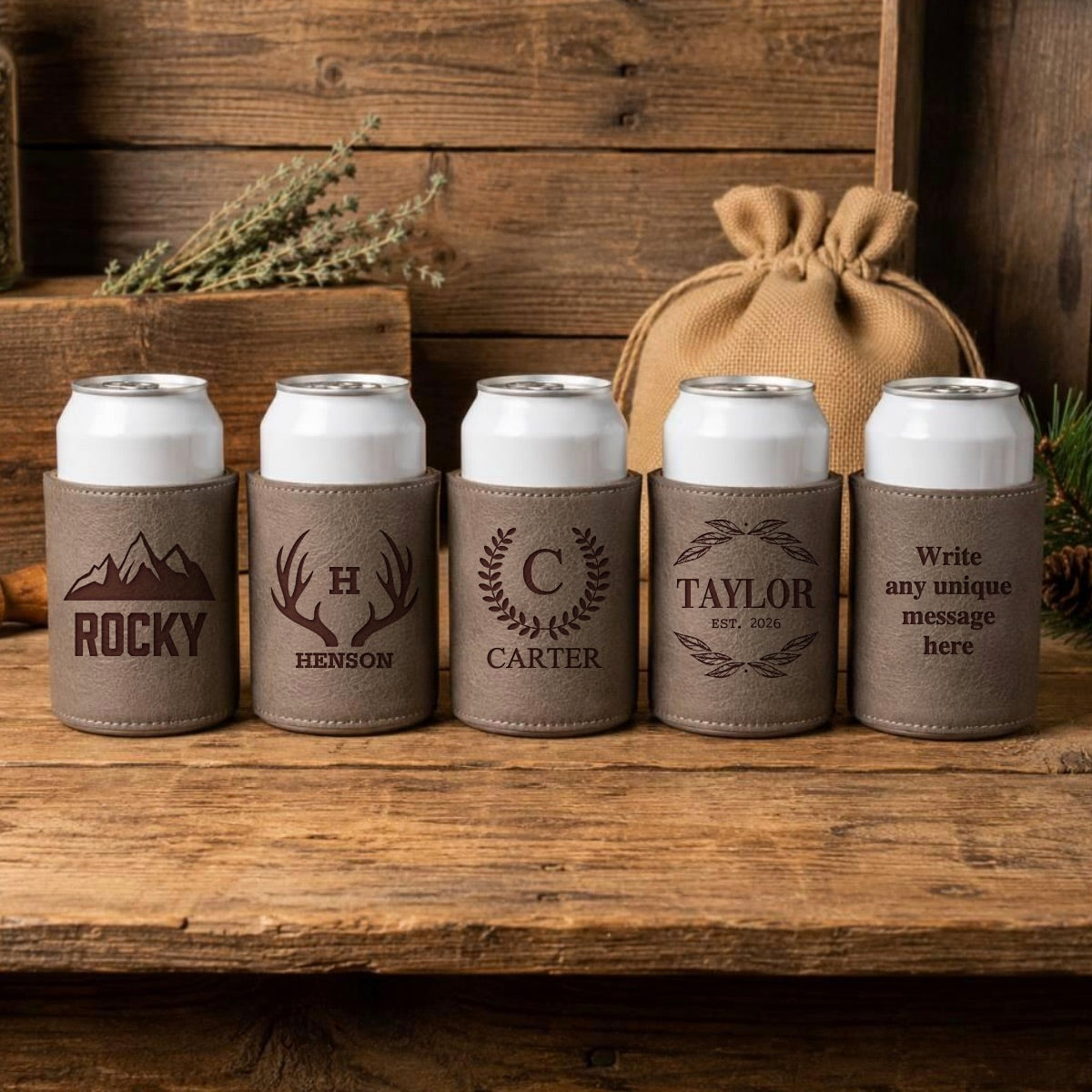 Set of 5 Groomsmen Custom Leather Can Coolers