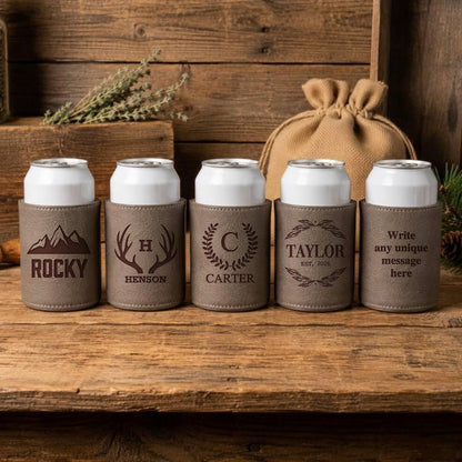 Set of 5 Groomsmen Custom Leather Can Coolers