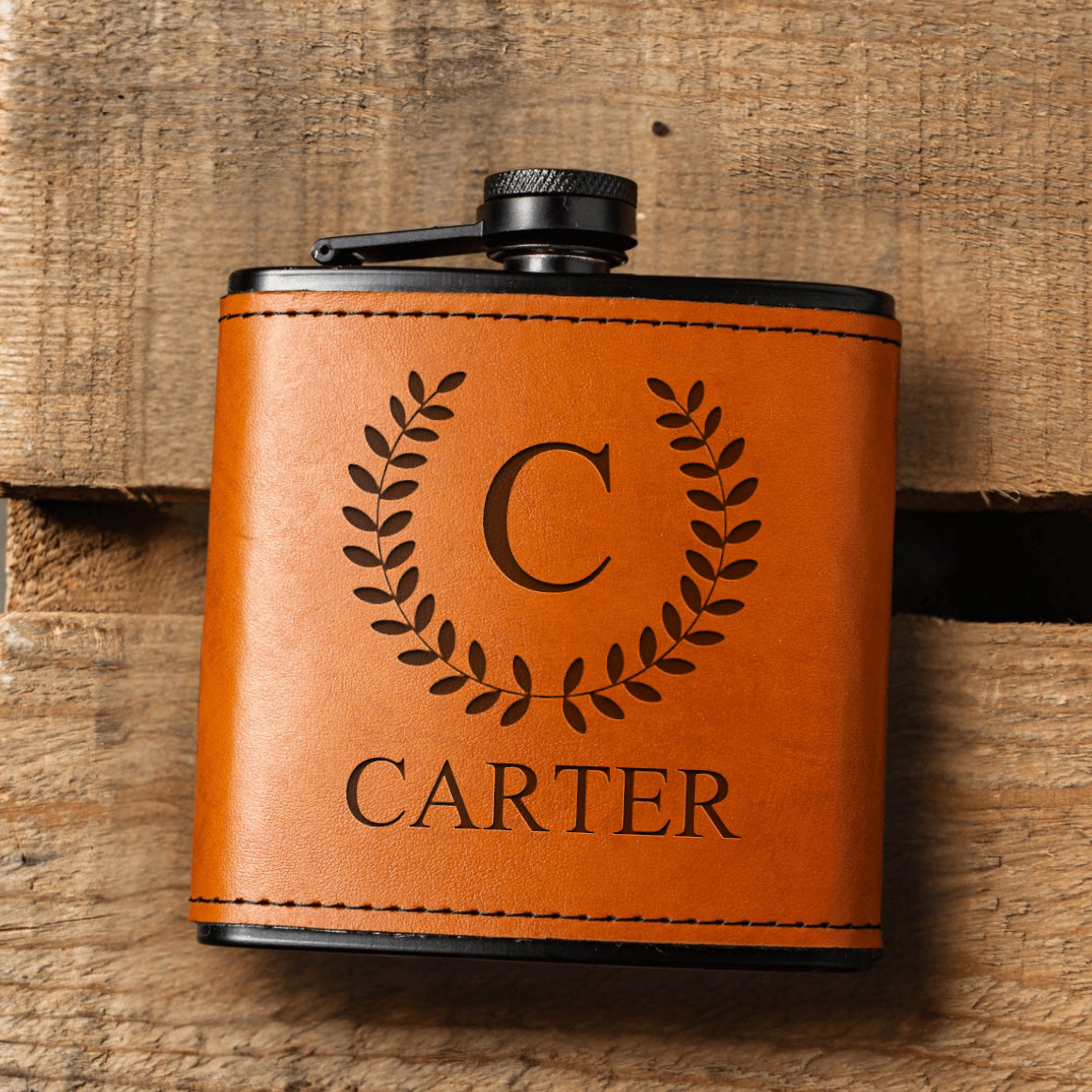 Personalized Leather Wrapped Black Flasks