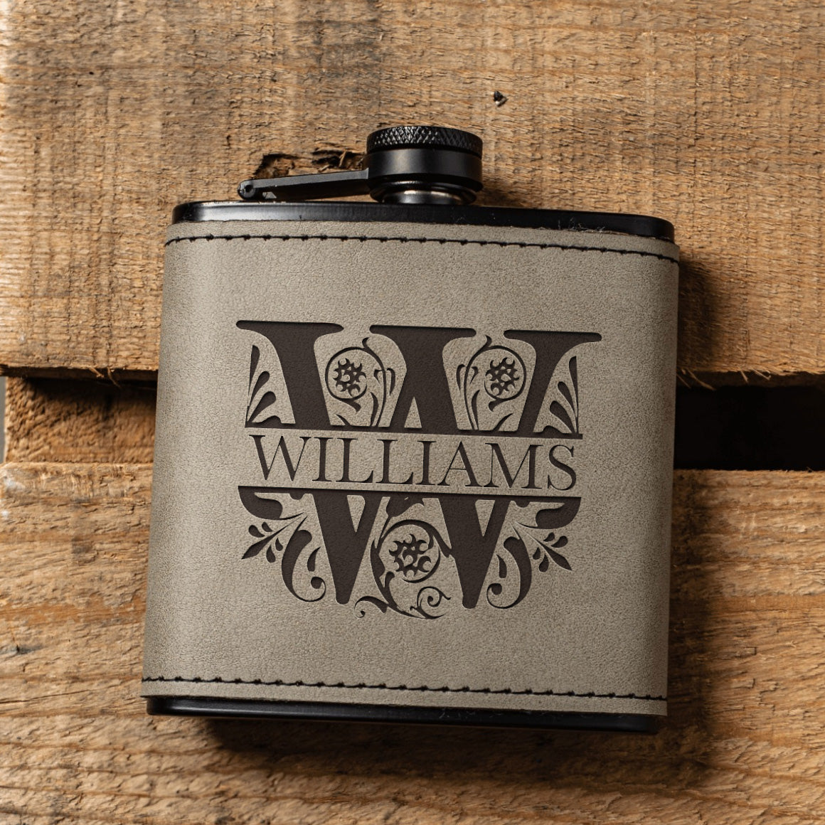 Personalized Leather Wrapped Black Flasks