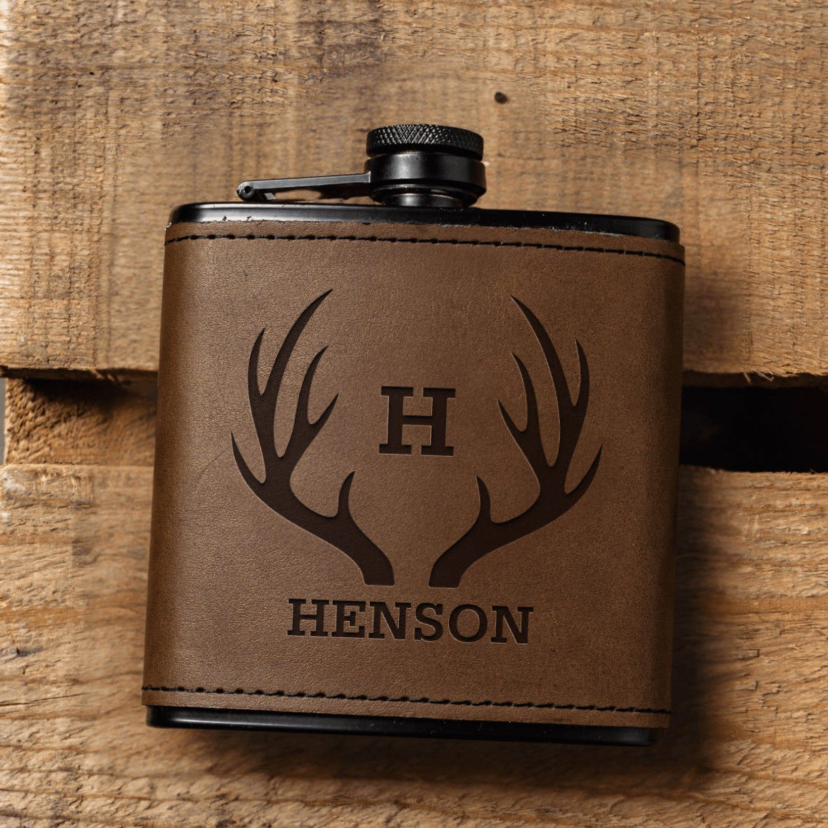 Personalized Leather Wrapped Black Flasks