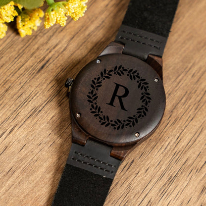 Engraved Dark Brown Wood Watch