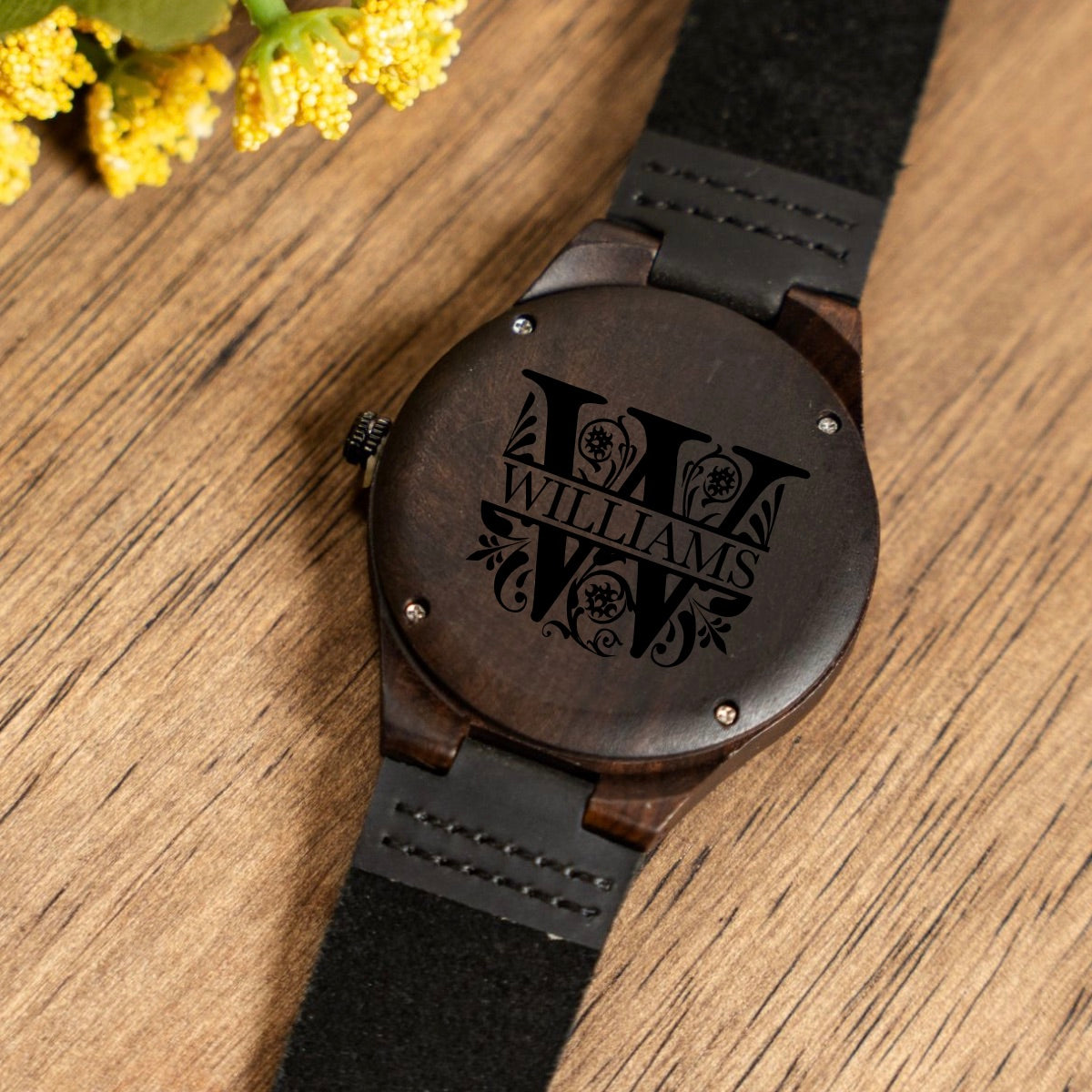 Engraved Dark Brown Wood Watch