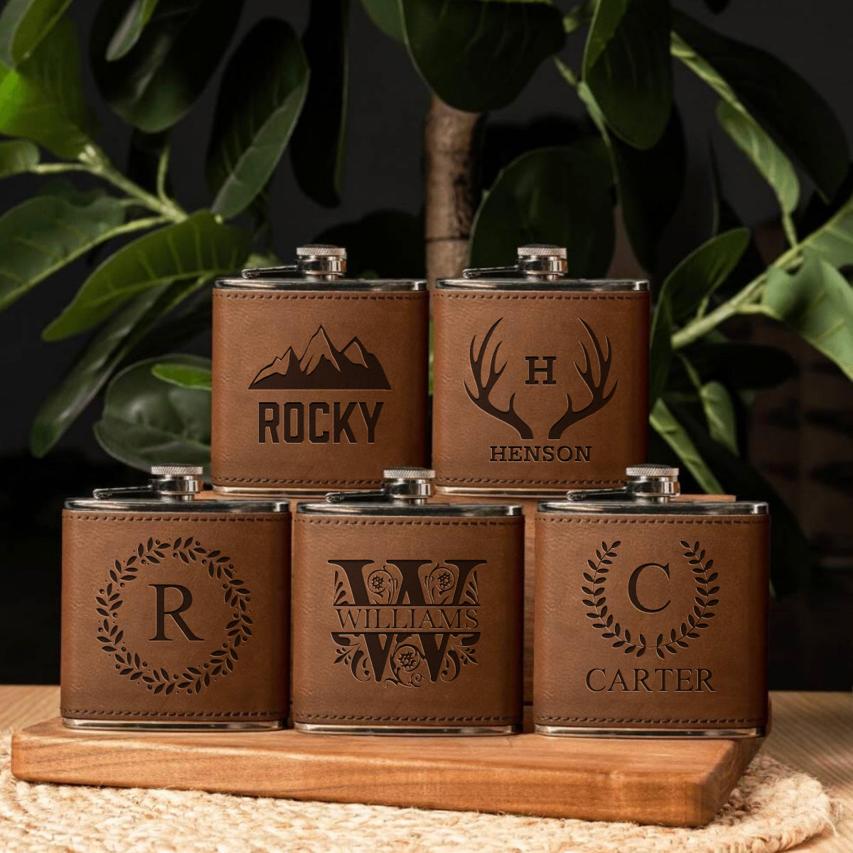 Set of 5 Groomsmen Leather Wrapped Stainless Flasks