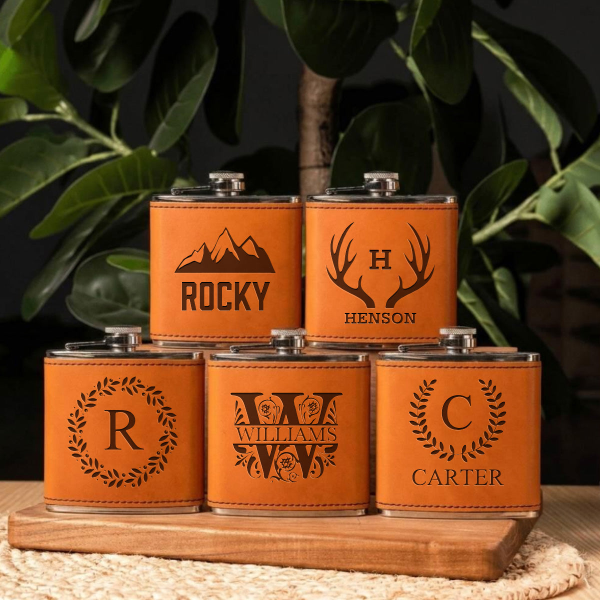 Set of 5 Groomsmen Leather Wrapped Stainless Flasks