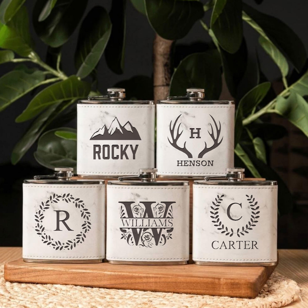 Set of 5 Groomsmen Leather Wrapped Stainless Flasks
