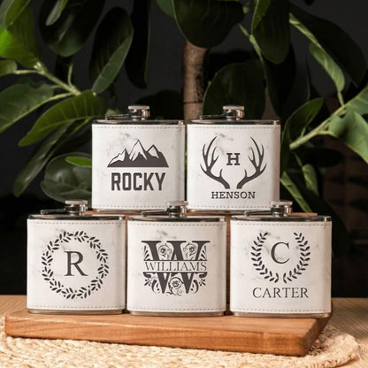 Set of 5 Groomsmen Leather Wrapped Stainless Flasks
