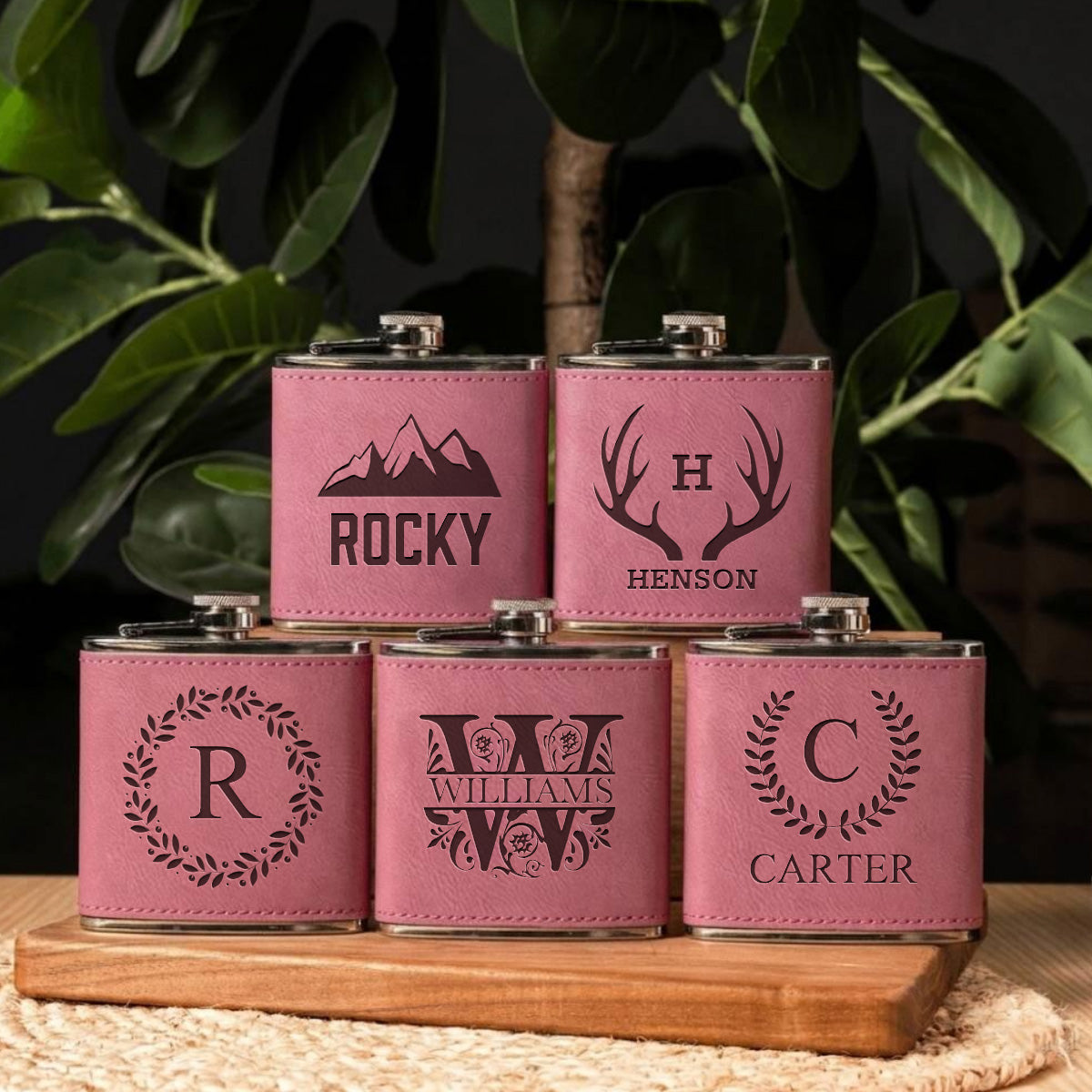 Set of 5 Groomsmen Leather Wrapped Stainless Flasks