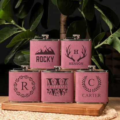 Set of 5 Groomsmen Leather Wrapped Stainless Flasks