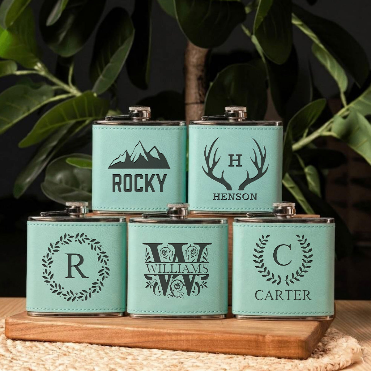 Set of 5 Groomsmen Leather Wrapped Stainless Flasks