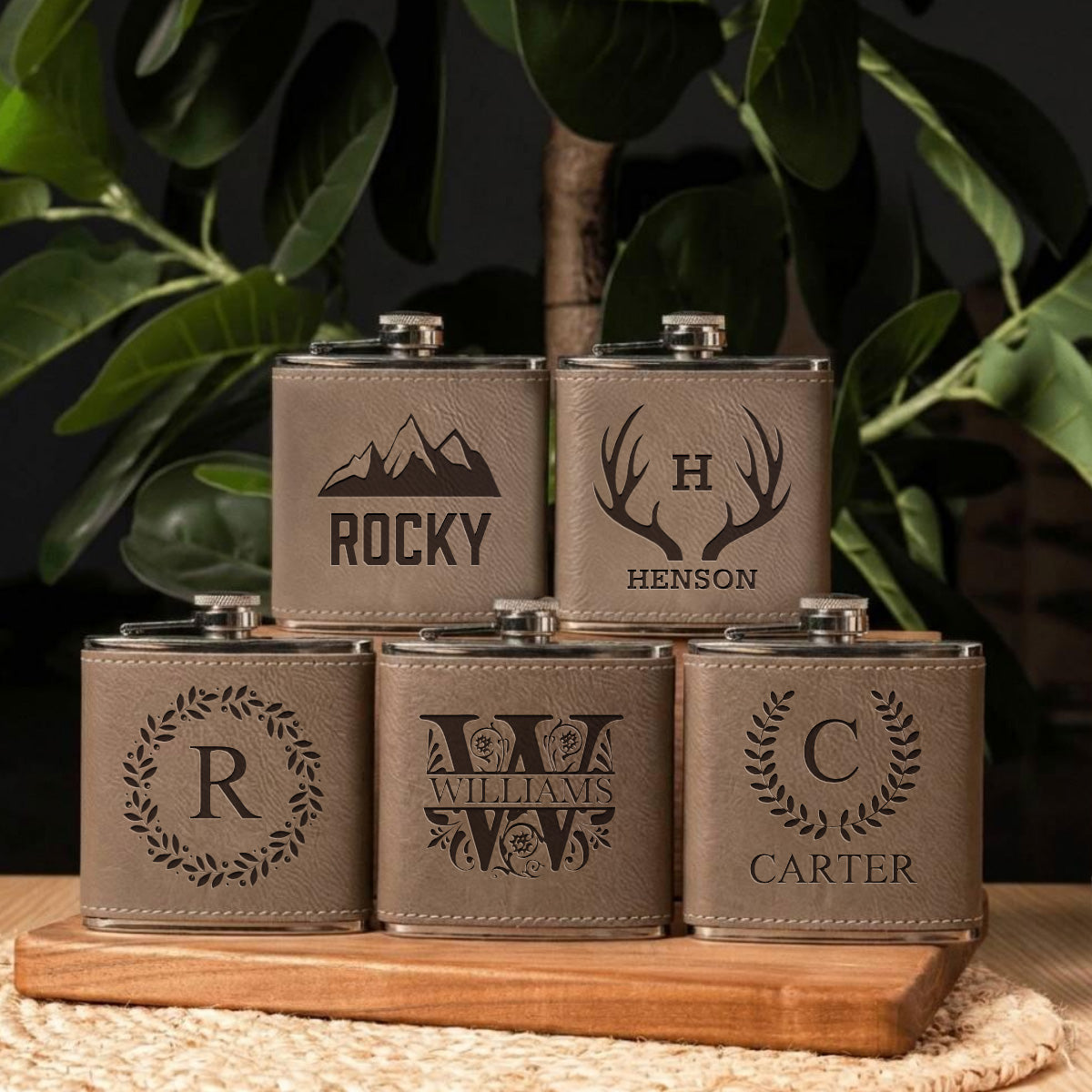 Set of 5 Groomsmen Leather Wrapped Stainless Flasks