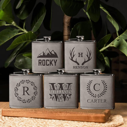 Set of 5 Groomsmen Leather Wrapped Stainless Flasks