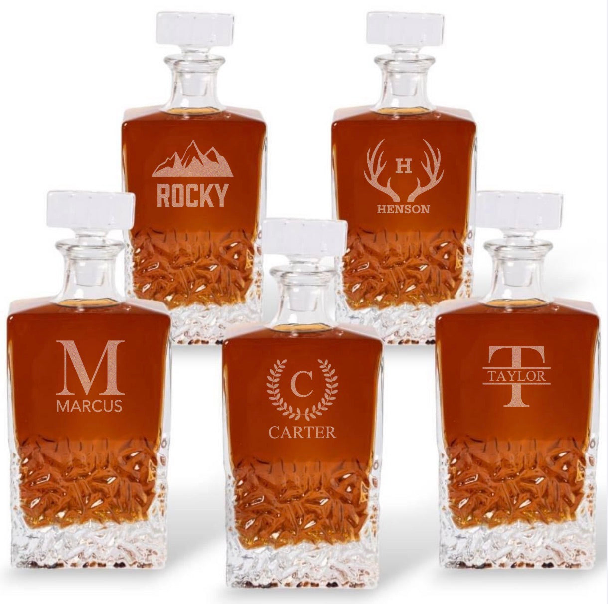 Groomsmen Set of 5 Engraved Square 24oz. Whiskey Decanters
