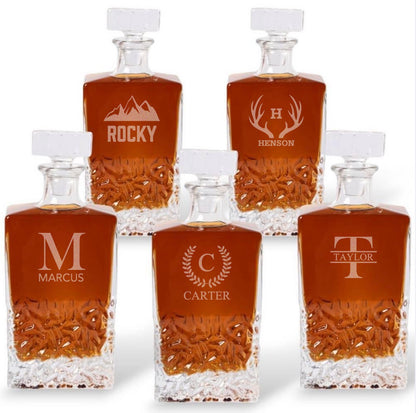 Groomsmen Set of 5 Engraved Square 24oz. Whiskey Decanters