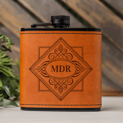 Engraved Leather Wrapped Black Flasks - Reserve Collection
