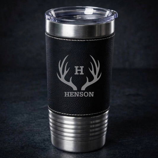 Engraved Black & Rustic Stainless Leather Wrapped Tumblers