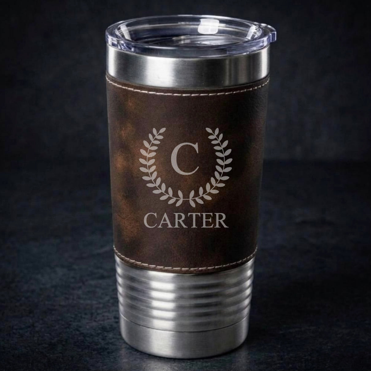 Engraved Black & Rustic Stainless Leather Wrapped Tumblers