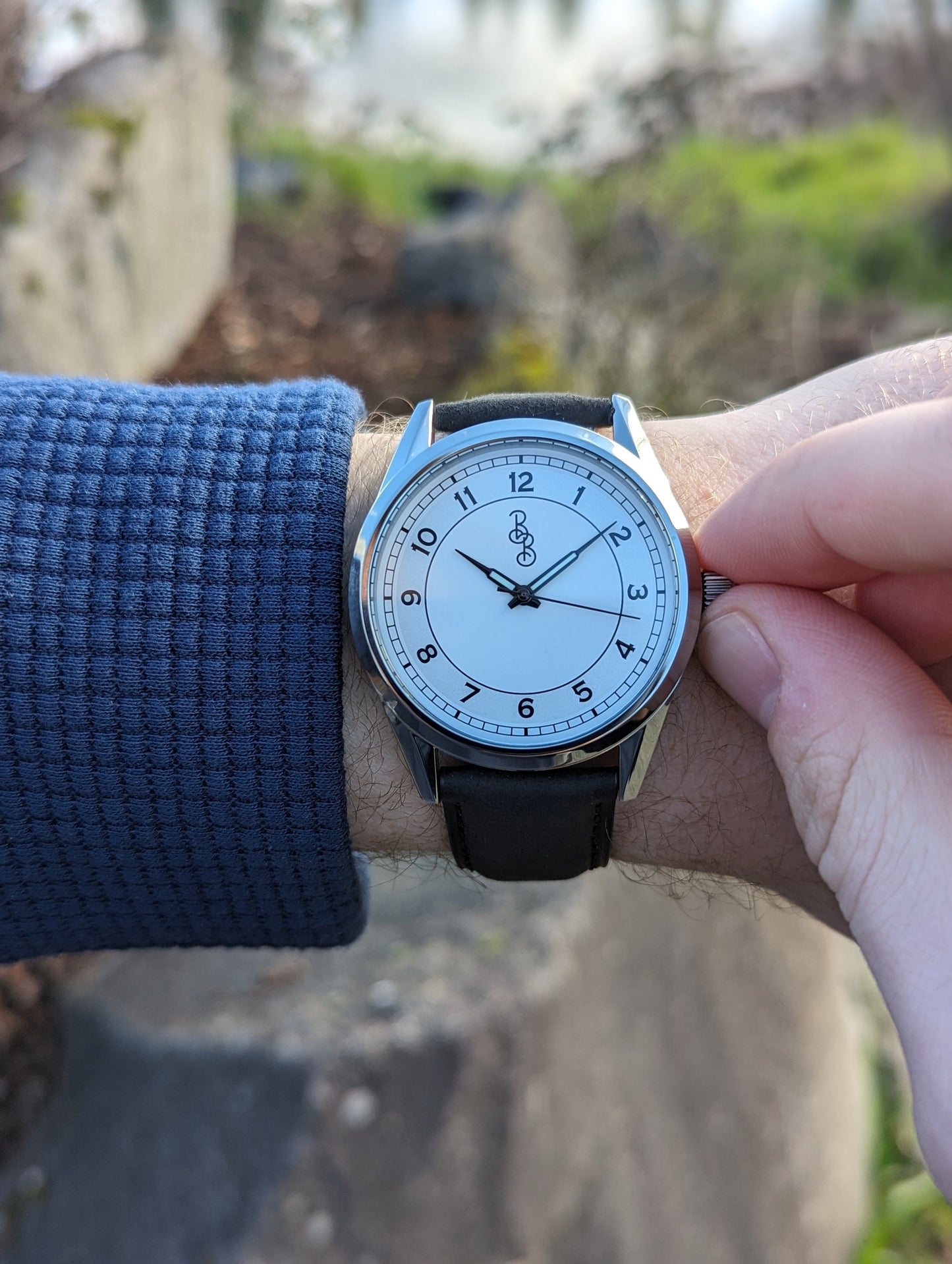 Silver Classic Watch on leather being set, gift for him