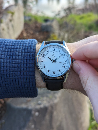 Silver Classic Watch on leather being set, gift for him