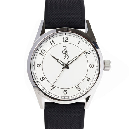 Silver Classic Watch on black textured silicone, gift for him