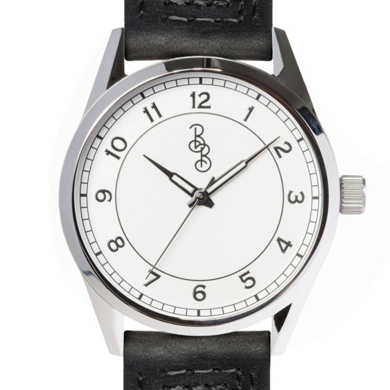 Silver Classic Watch on double stitch black leather, gift for him