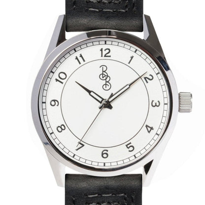 Silver Classic Watch on double stitch black leather, gift for him