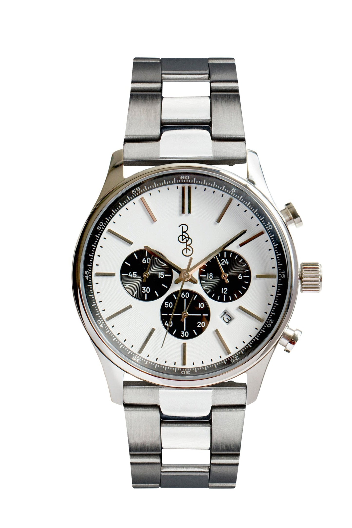 White and black chronograph on stainless steel bracelet, men's dress watch