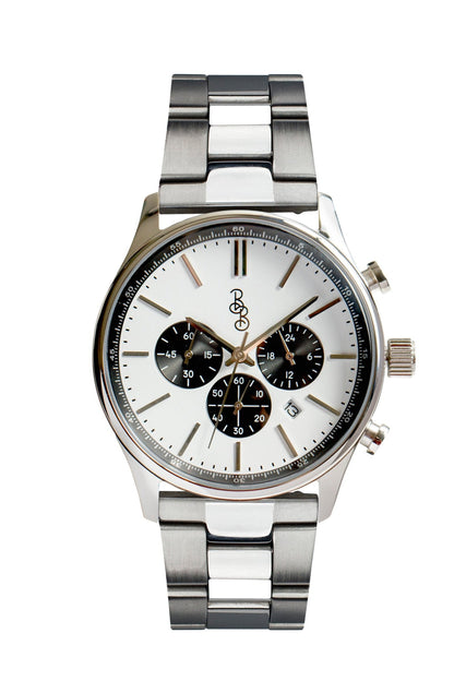 White and black chronograph on stainless steel bracelet, men's dress watch
