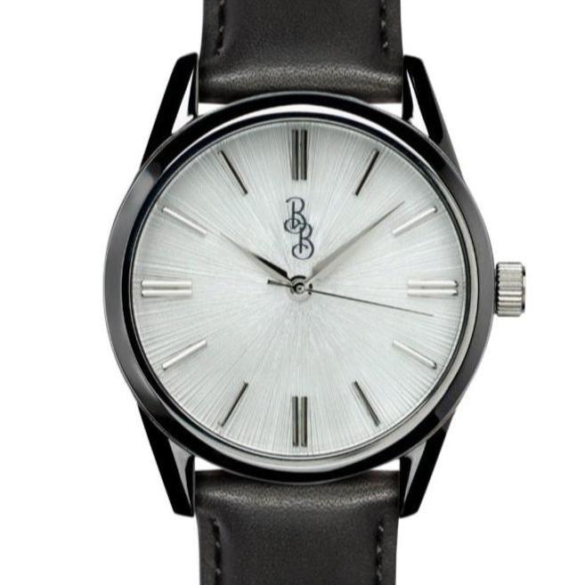 White Sunburst Watch on black leather strap groomsman gift