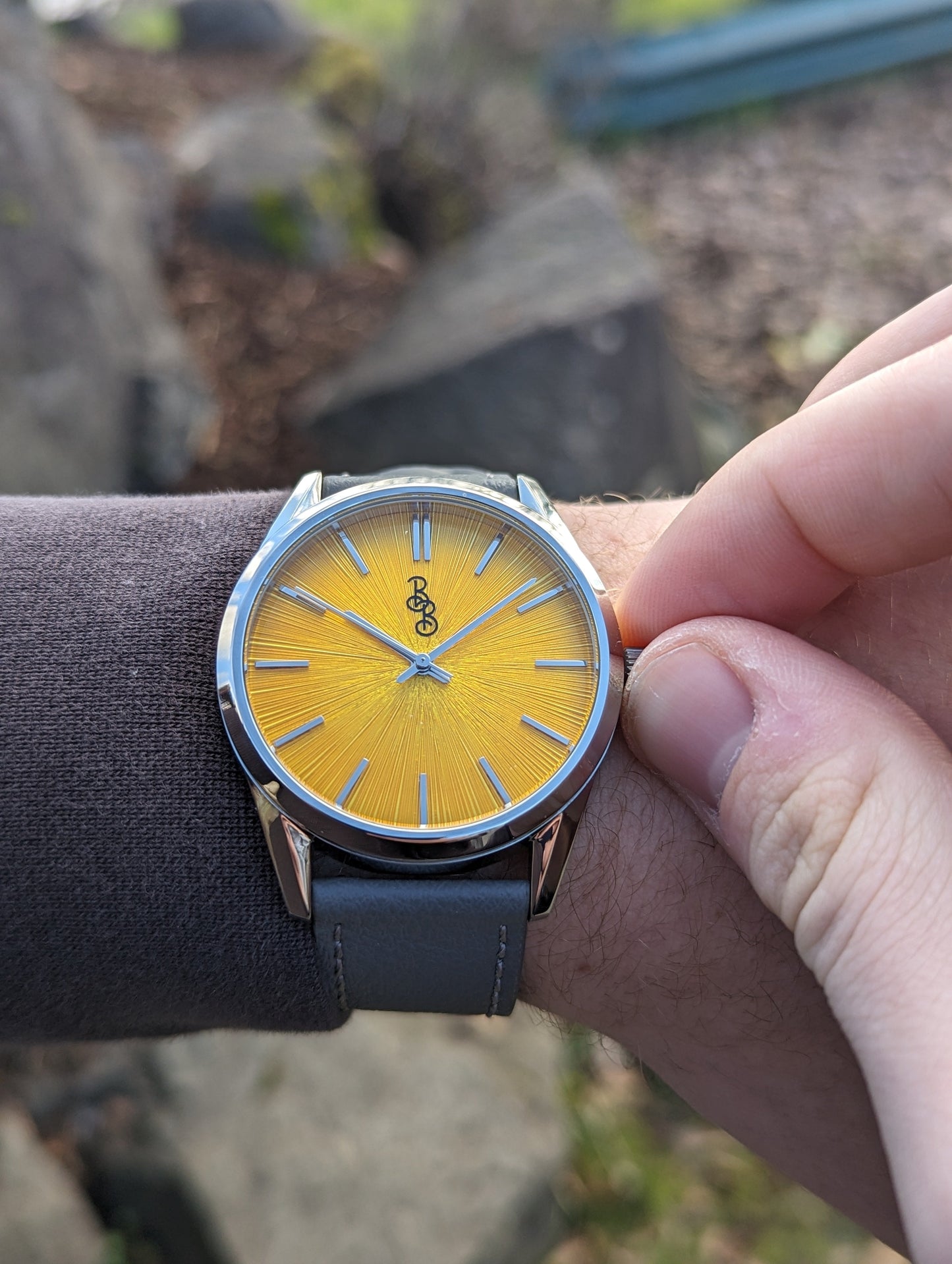 Yellow Sunburst Watch on appleskin strap, gift for him from Beyond Boring