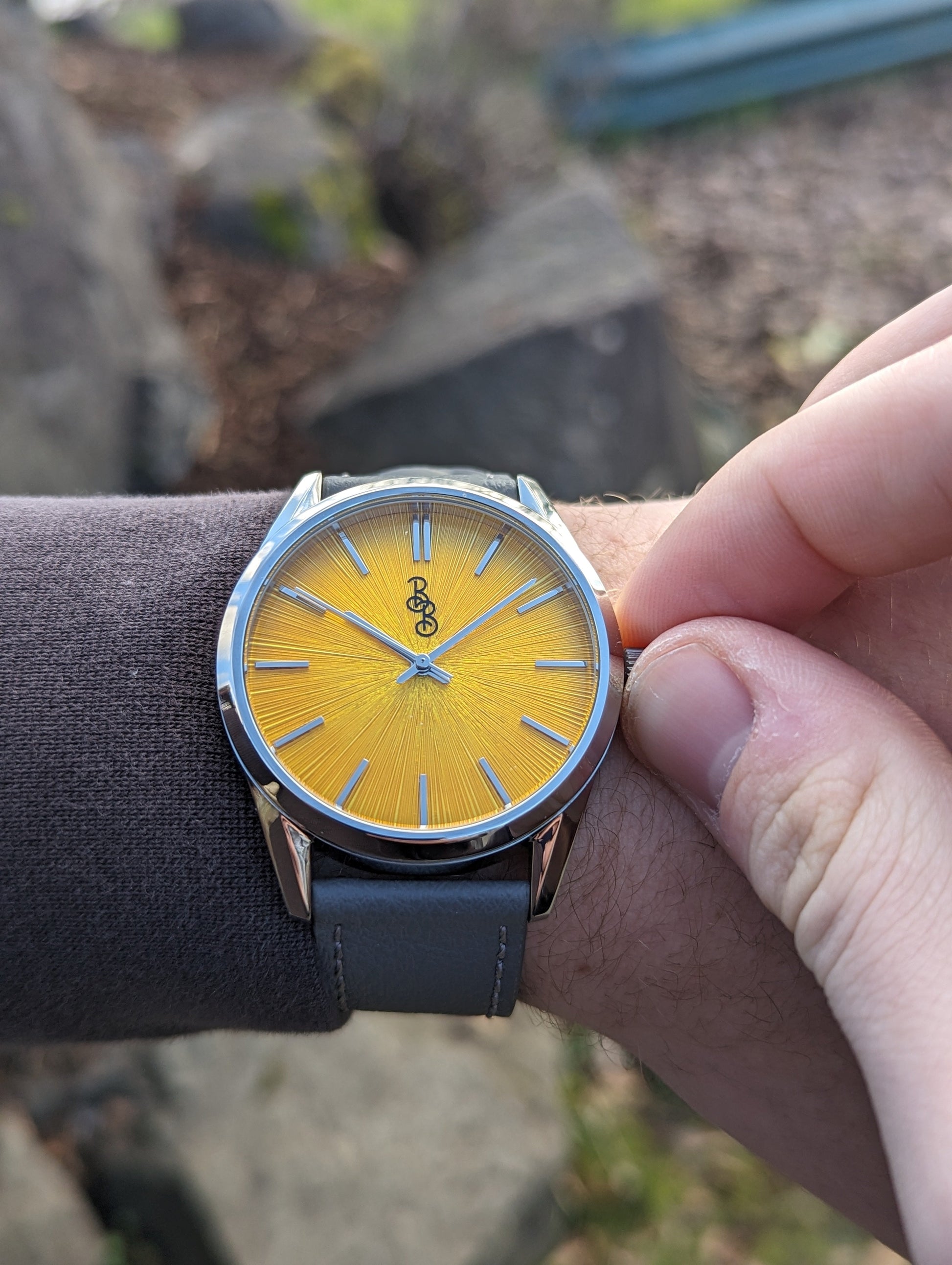 Yellow Sunburst Watch on appleskin strap, gift for him from Beyond Boring