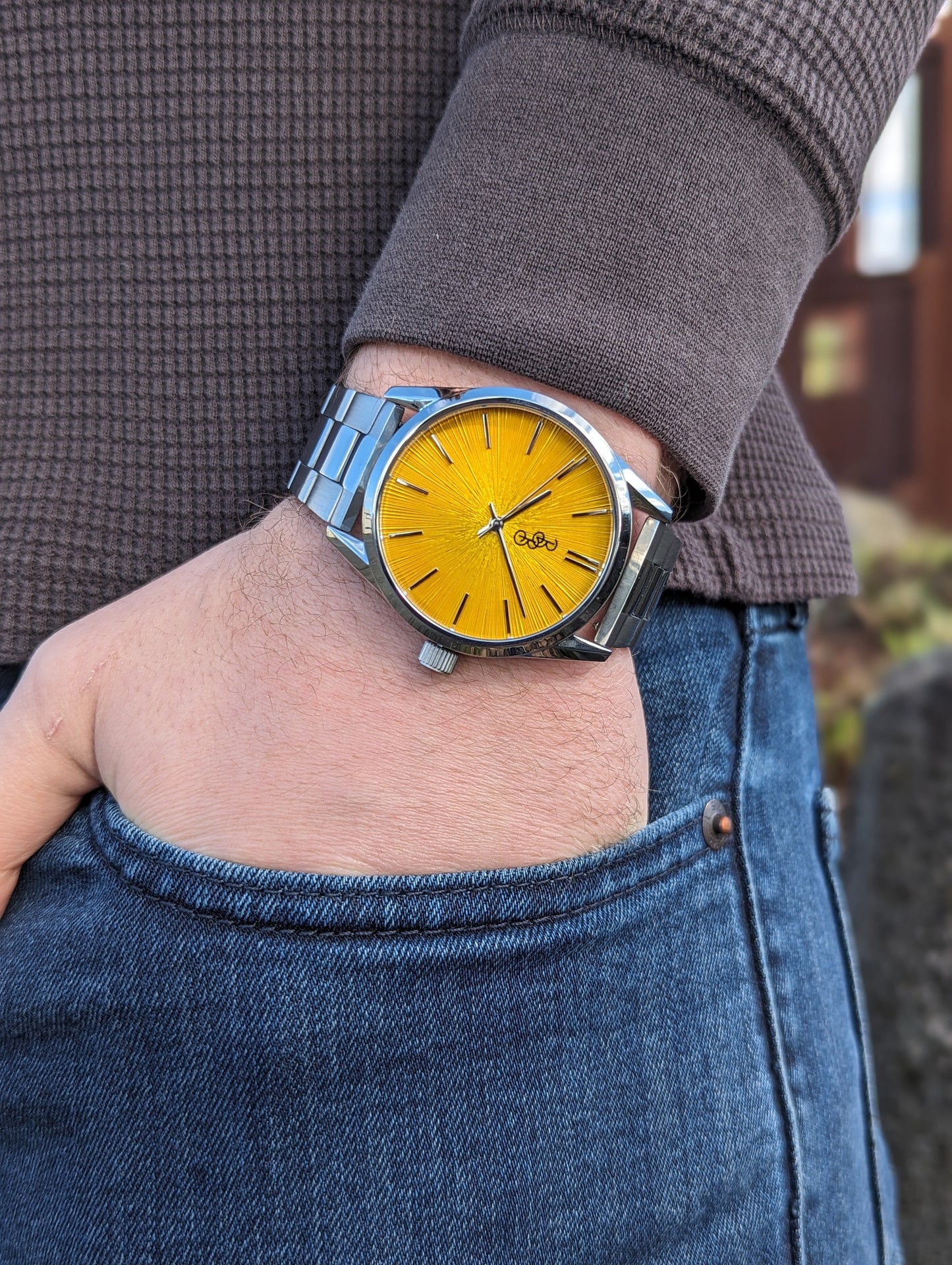 Yellow Sunburst Watch steel bracelet pocket shot, gift for him