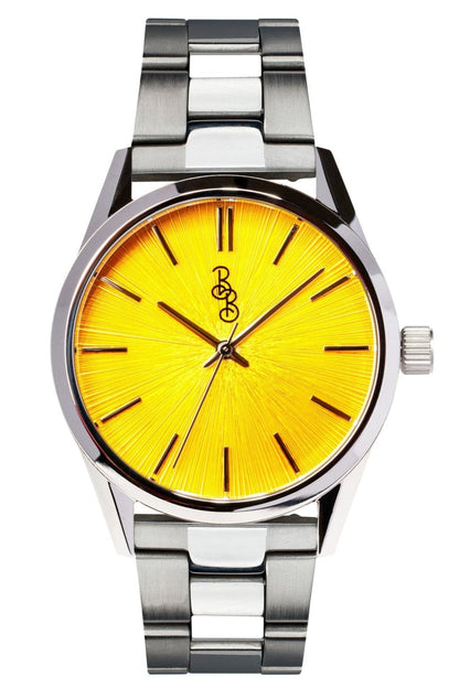 Yellow Sunburst Watch on stainless steel bracelet, groomsmen gift
