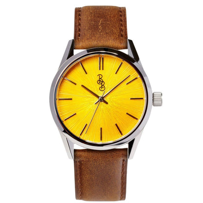 Yellow Sunburst Watch on brown leather strap, gift for him