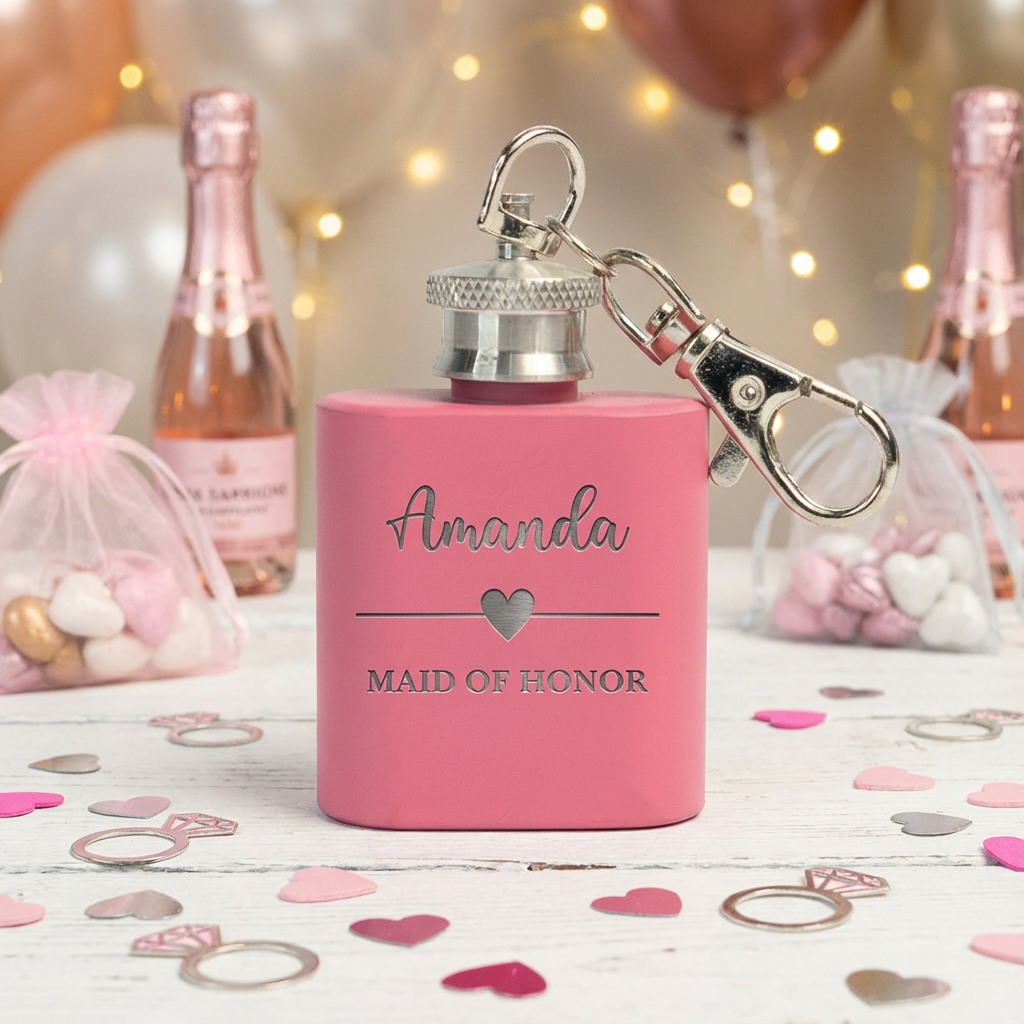 Bachelorette mini keychain flask in silver, stainless steel bridesmaid gift
