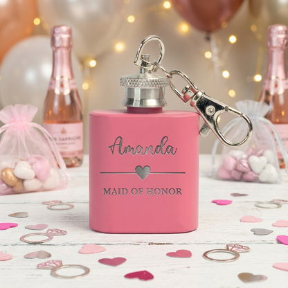 Bachelorette mini keychain flask in silver, stainless steel bridesmaid gift