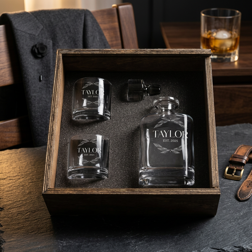 Engraved Barrel Decanter Gift Box Set