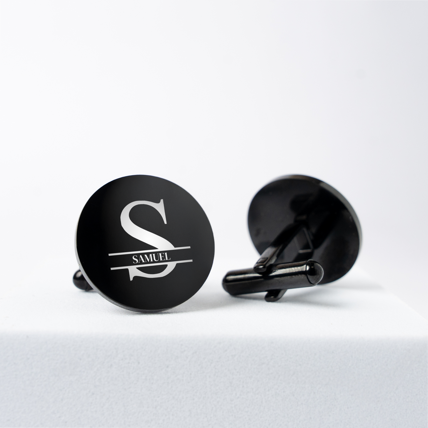 Personalized Round Black Cufflinks engraved with initials, groomsmen gift