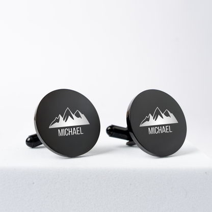 Engraved black cufflinks shown with monogram, best man gift