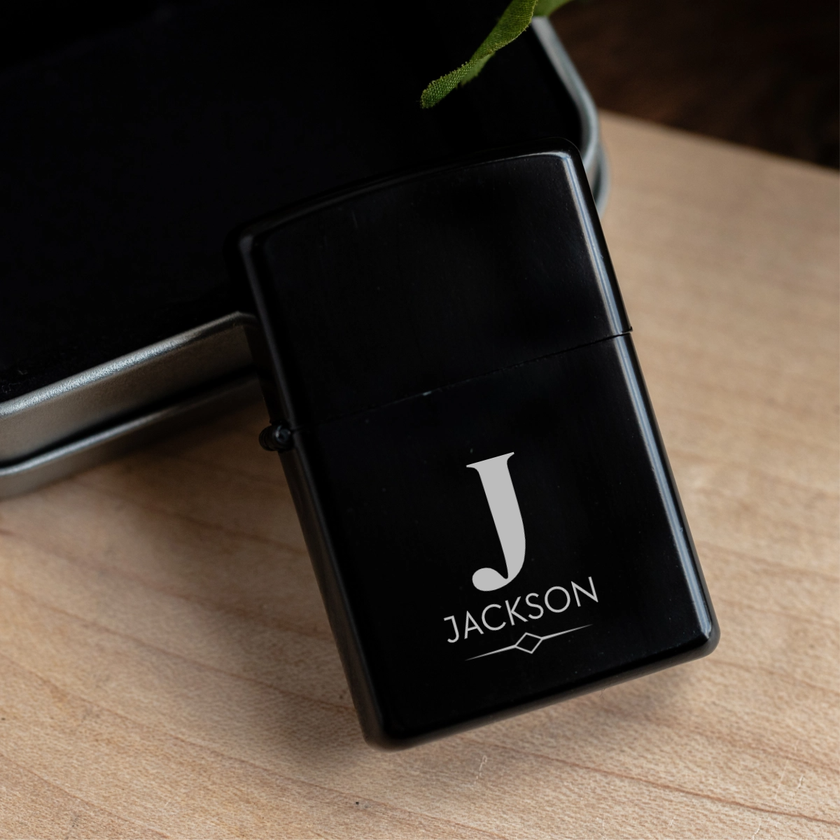 Matte black personalized lighter with tin case bachelor party gift