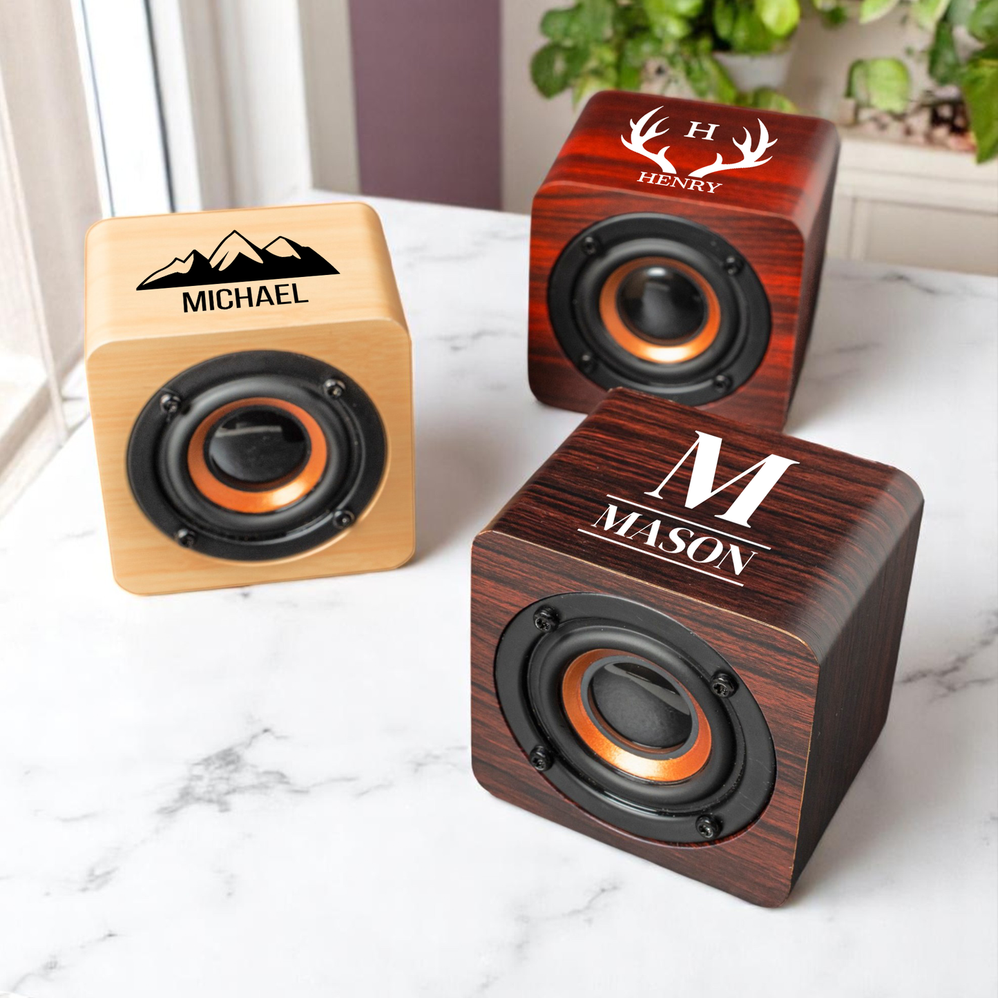 Cherry wood Bluetooth speaker close-up, custom wedding party gift