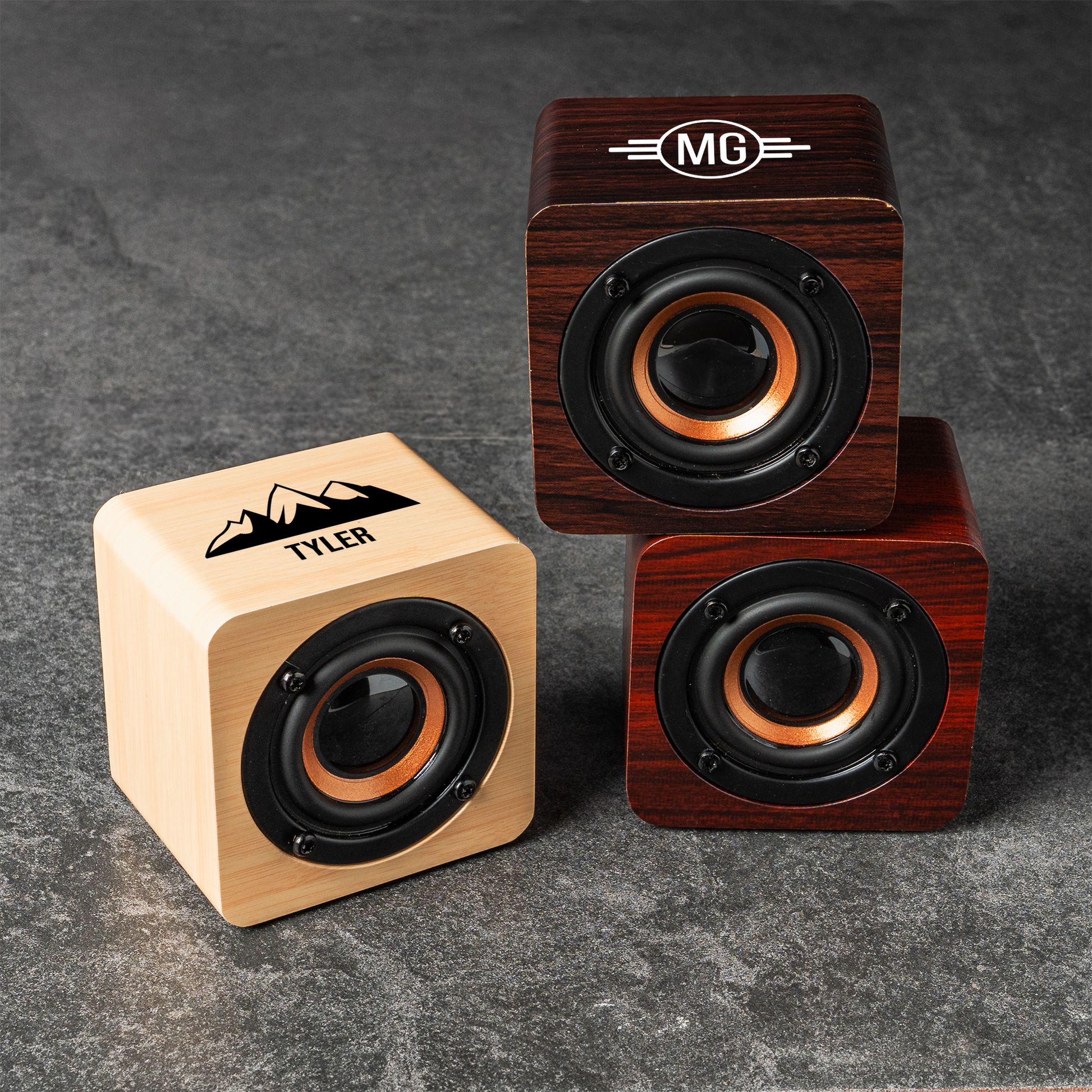 Personalized Bluetooth speaker close-up, groomsmen wedding gift