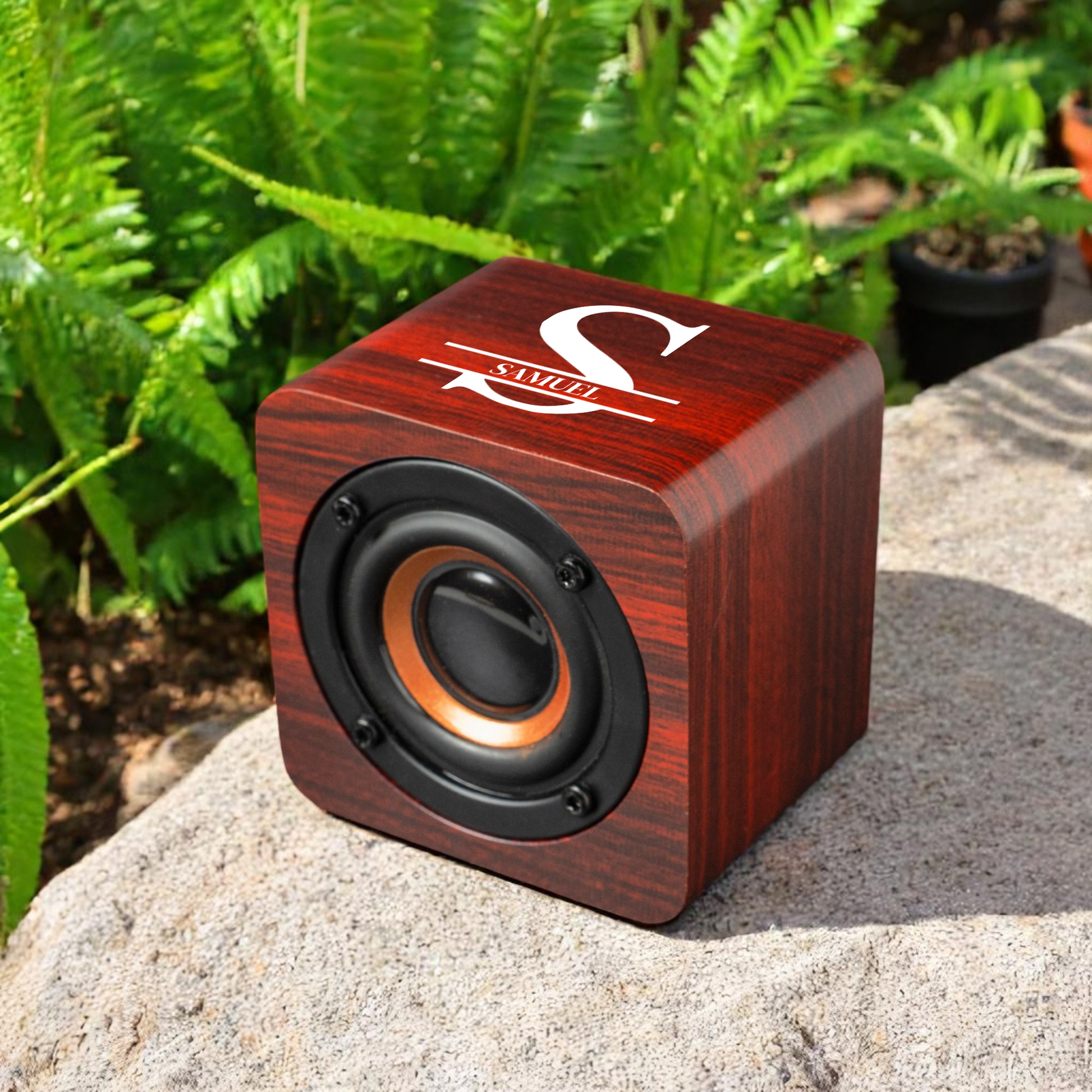 Custom wooden Bluetooth speaker top angle, wedding party gift